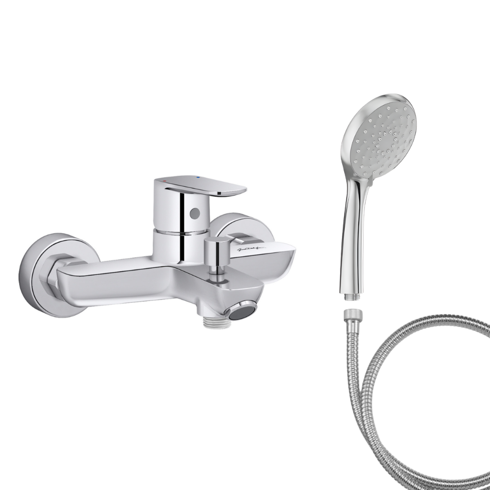 Mitigeur baignoire JACOB DELAFON July+ + pommeau de douche Awaken + flexible de douche métal