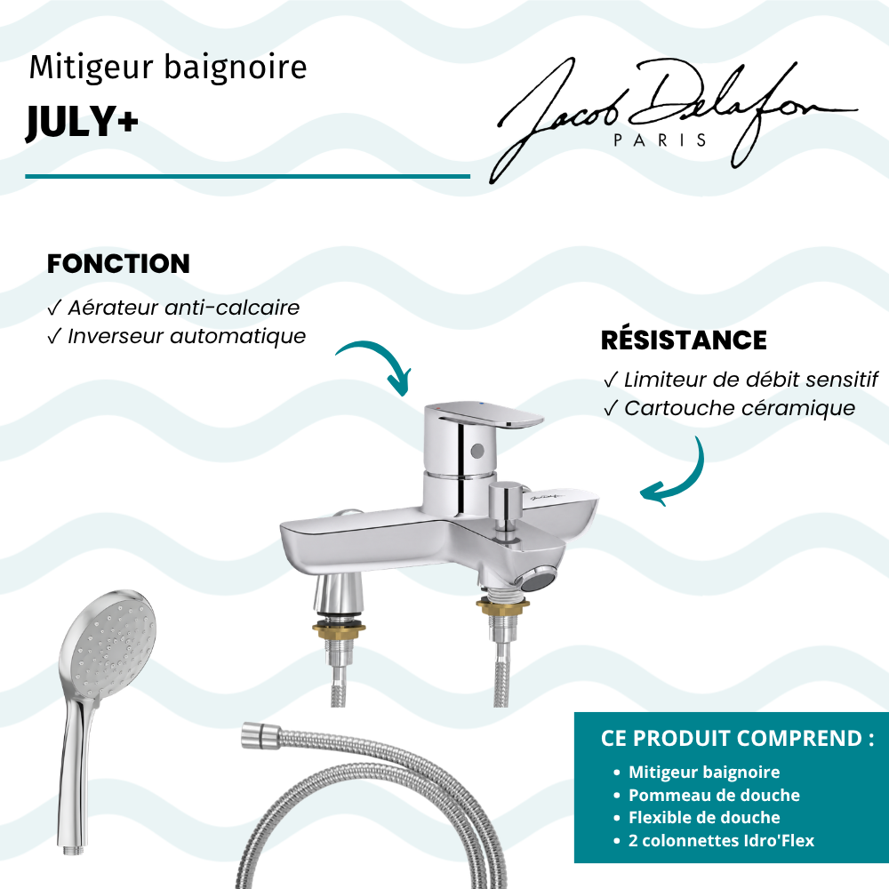Mitigeur baignoire JACOB DELAFON July+ + pommeau de douche Awaken + flexible de douche métal + colonnettes Idro'Flex