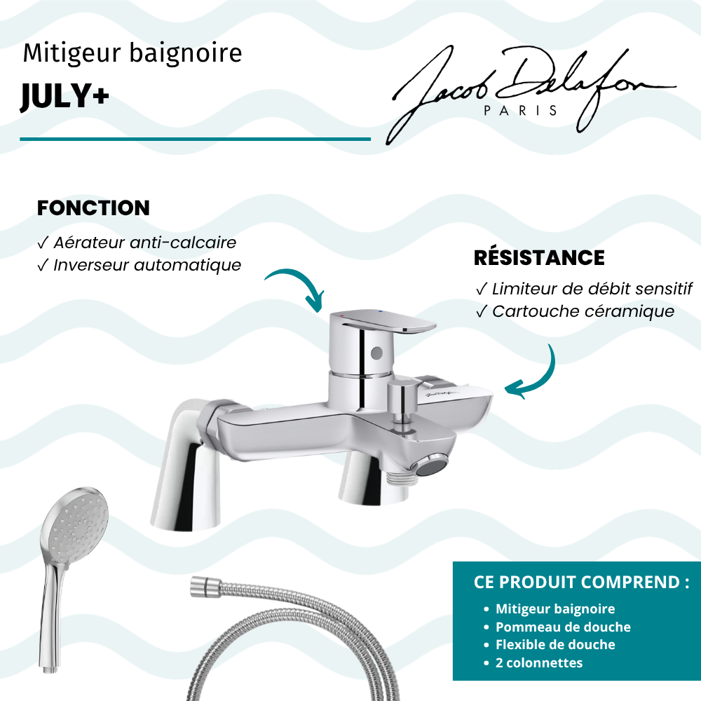 Mitigeur baignoire JACOB DELAFON July+ + pommeau de douche Awaken + flexible de douche métal + colonnettes