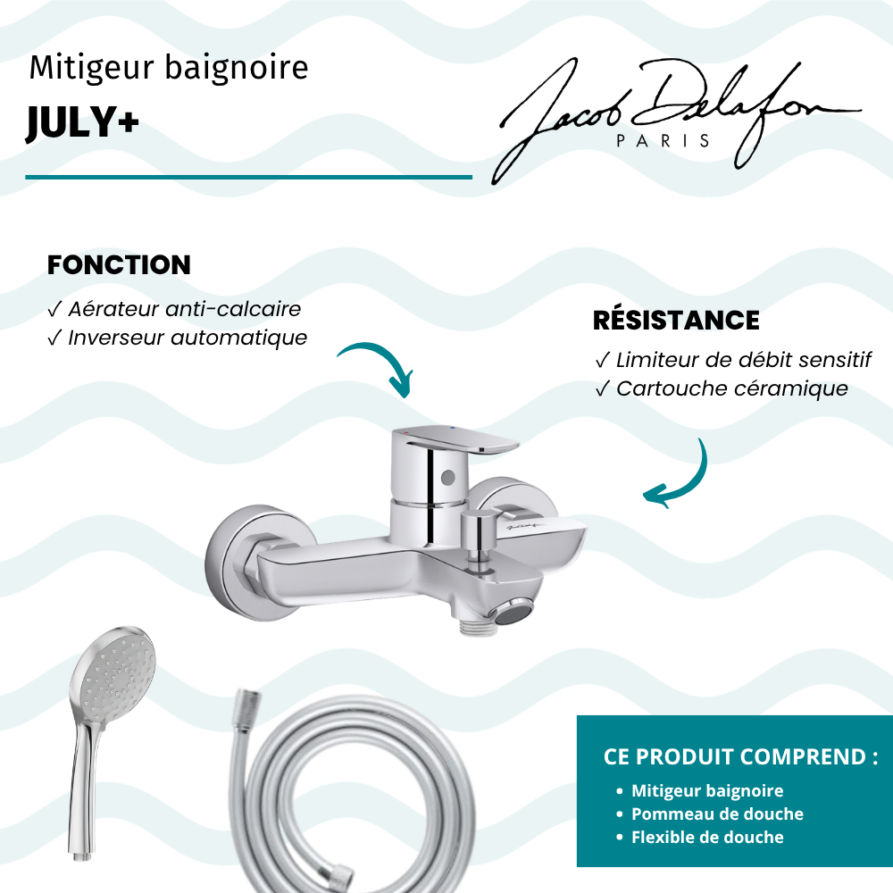 Mitigeur baignoire JACOB DELAFON July+ + pommeau de douche Awaken + flexible de douche lisse