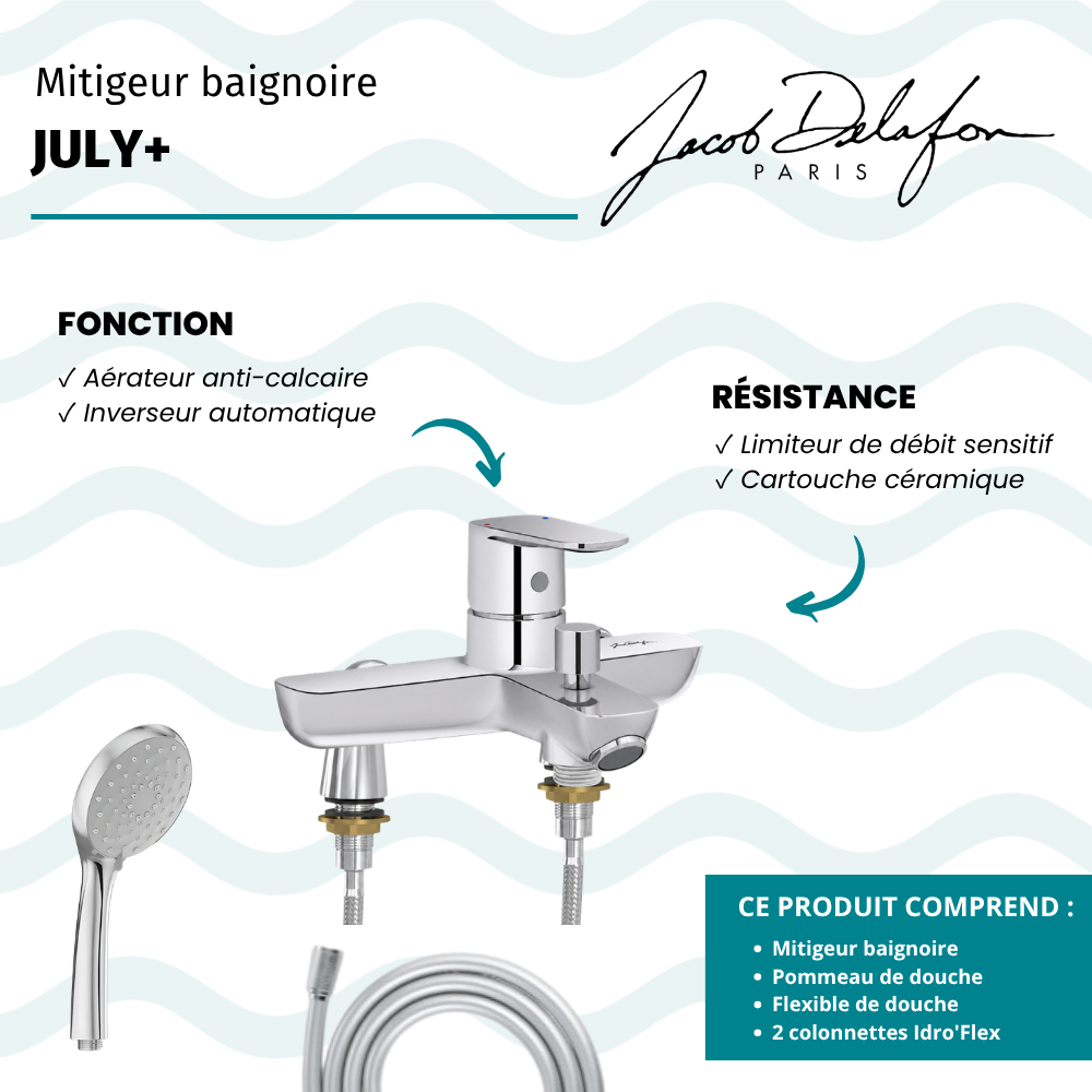 Mitigeur baignoire JACOB DELAFON July+ + pommeau de douche Awaken + flexible de douche lisse + colonnettes Idro'Flex