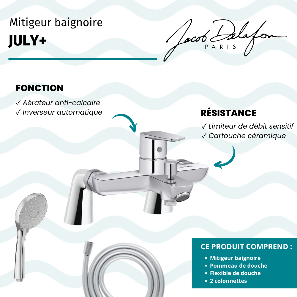 Mitigeur baignoire JACOB DELAFON July+ + pommeau de douche Awaken + flexible de douche lisse + colonnettes