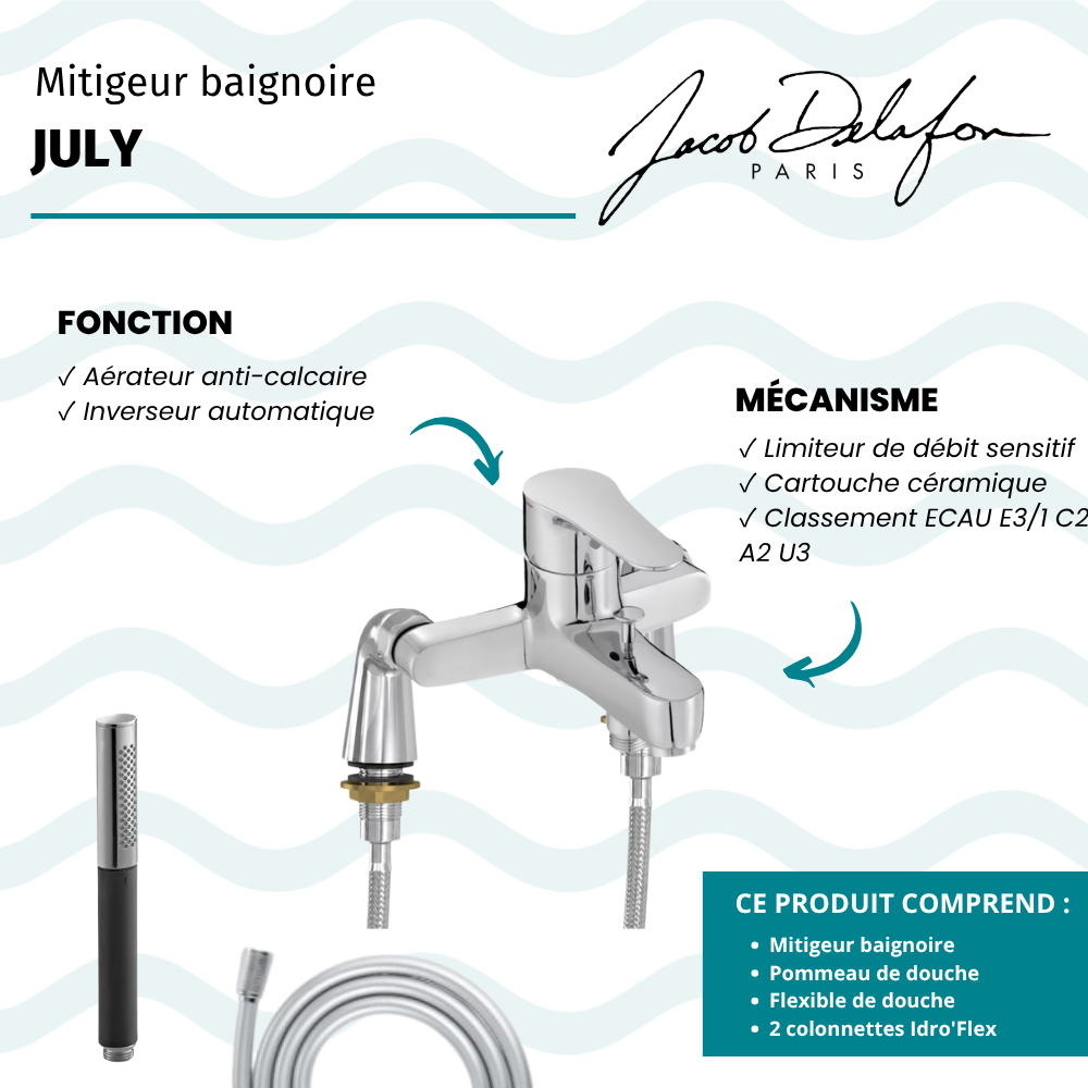 Mitigeur baignoire JACOB DELAFON July + pommeau de douche Shift Ellipse + flexible de douche lisse + colonnettes Idro'Flex