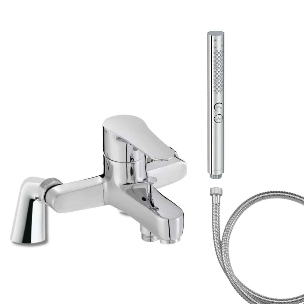 Mitigeur baignoire JACOB DELAFON July + pommeau de douche Shift+ rond + flexible de douche métal + colonnettes