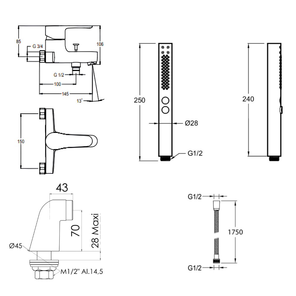 Mitigeur baignoire JACOB DELAFON July + pommeau de douche Shift+ carré + flexible de douche métal + colonnettes