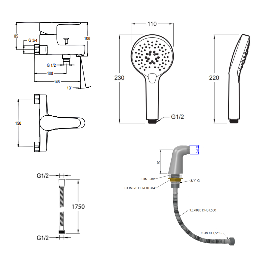Mitigeur baignoire JACOB DELAFON July + pommeau de douche Metro + flexible de douche métal + colonnettes Idro'Flex