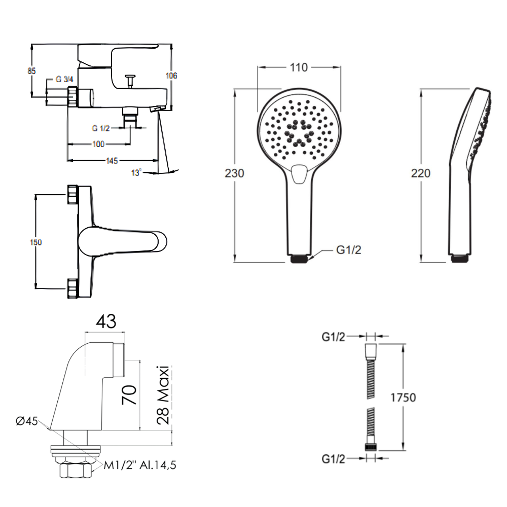 Mitigeur baignoire JACOB DELAFON July + pommeau de douche Metro + flexible de douche métal + colonnettes