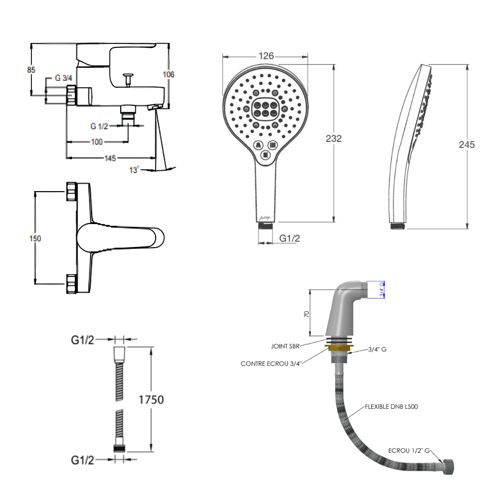 Mitigeur baignoire JACOB DELAFON July + pommeau de douche Metro signature + flexible de douche métal + colonnettes Idro'Flex