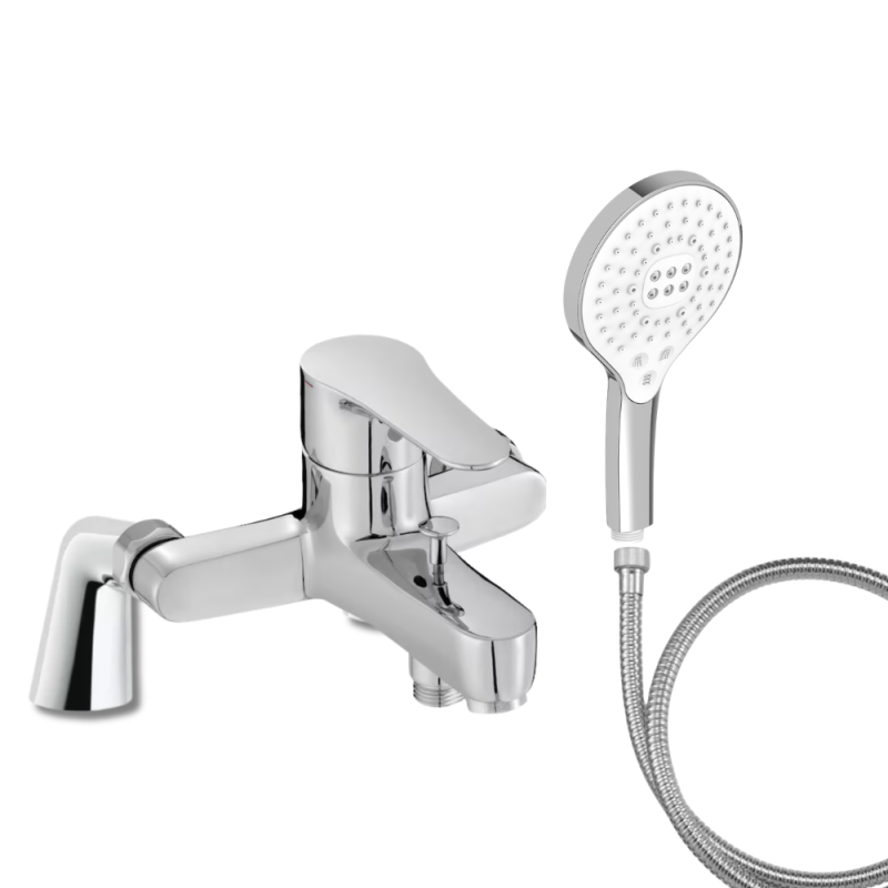 Mitigeur baignoire JACOB DELAFON July + pommeau de douche Metro signature + flexible de douche métal + colonnettes