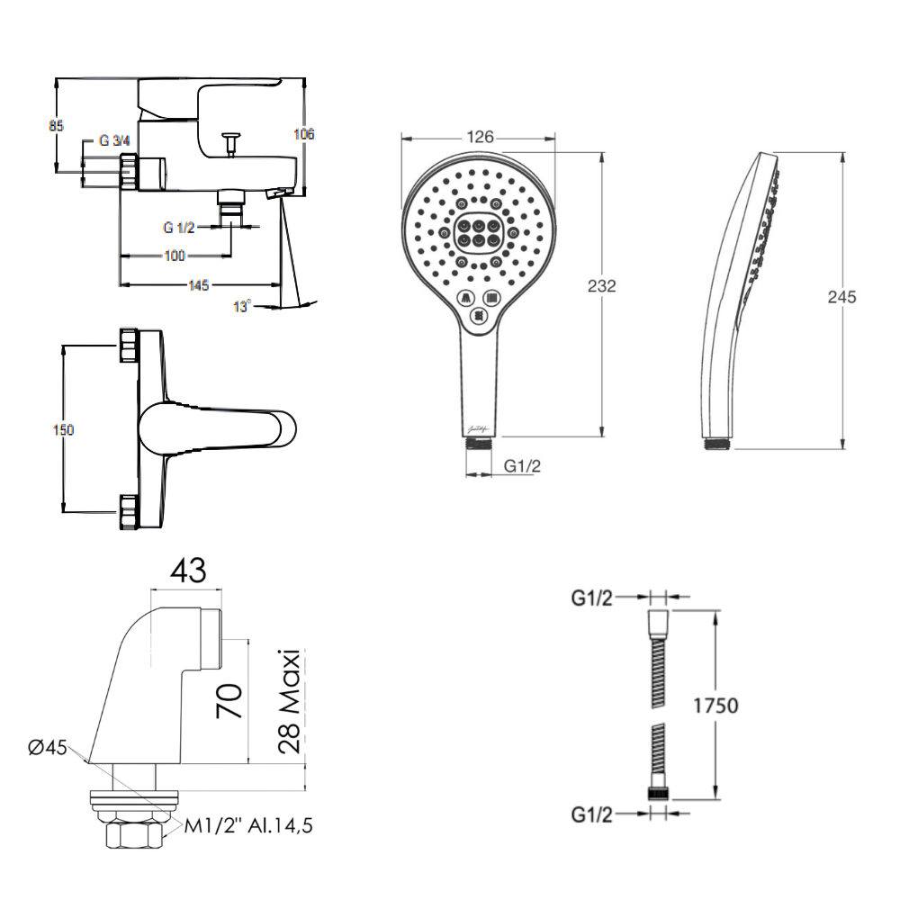Mitigeur baignoire JACOB DELAFON July + pommeau de douche Metro signature + flexible de douche métal + colonnettes