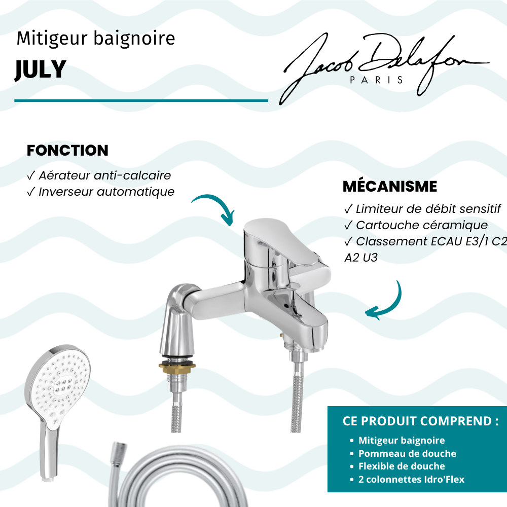 Mitigeur baignoire JACOB DELAFON July + pommeau de douche Metro signature + flexible de douche lisse + colonnettes Idro'Flex