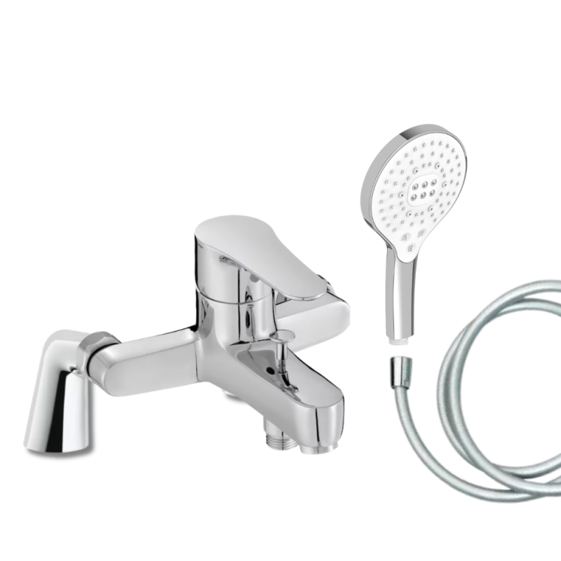 Mitigeur baignoire JACOB DELAFON July + pommeau de douche Metro signature + flexible de douche lisse + colonnettes