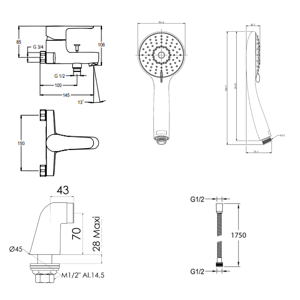 Mitigeur baignoire JACOB DELAFON July + pommeau de douche Juliette + flexible de douche métal + colonnettes
