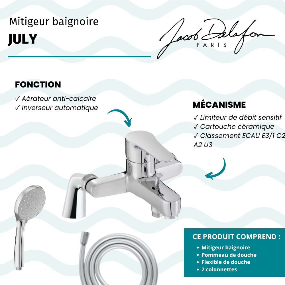 Mitigeur baignoire JACOB DELAFON July + pommeau de douche Awaken + flexible de douche lisse + colonnettes