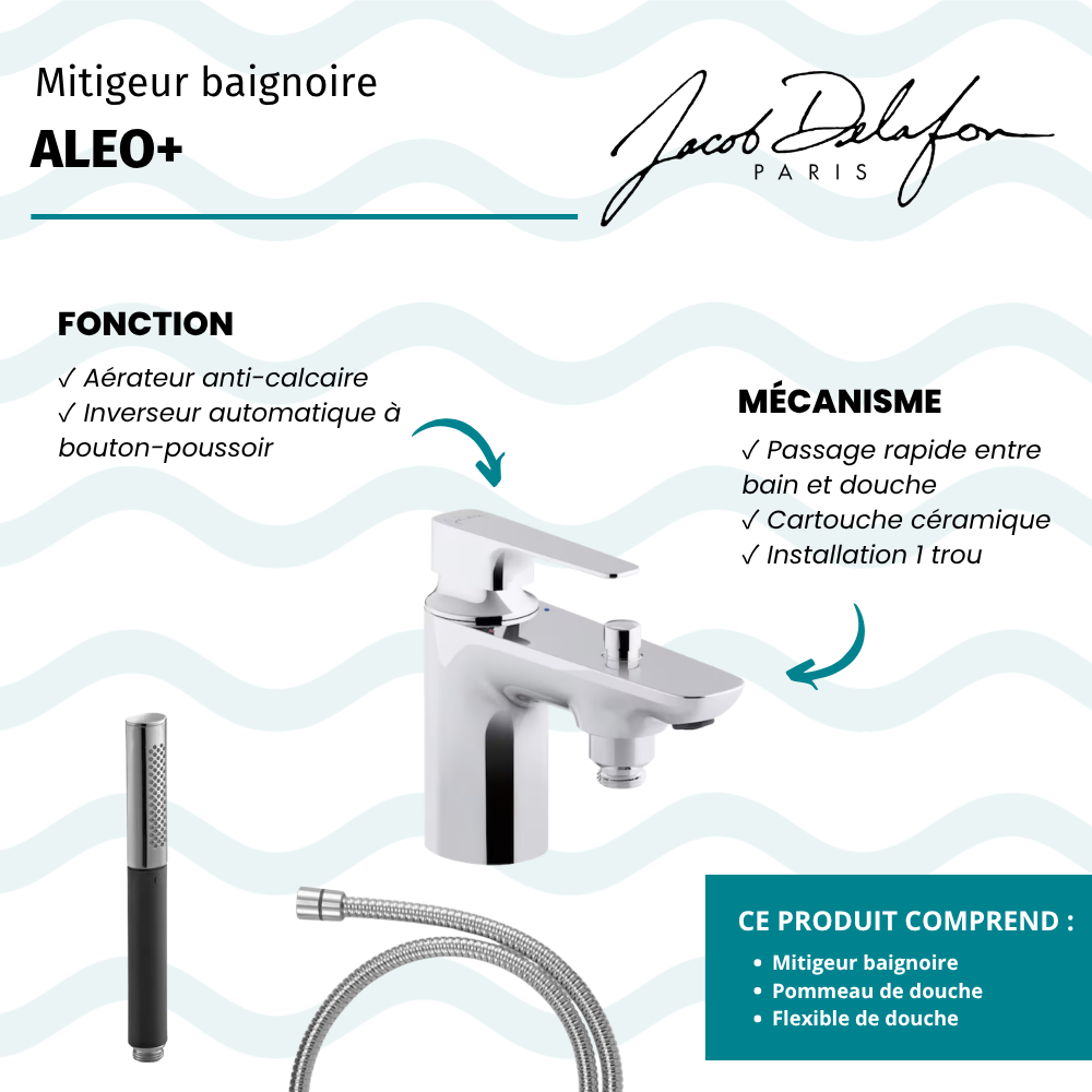 Mitigeur baignoire JACOB DELAFON Aleo+ + pommeau de douche Shift Ellipse + flexible de douche lisse
