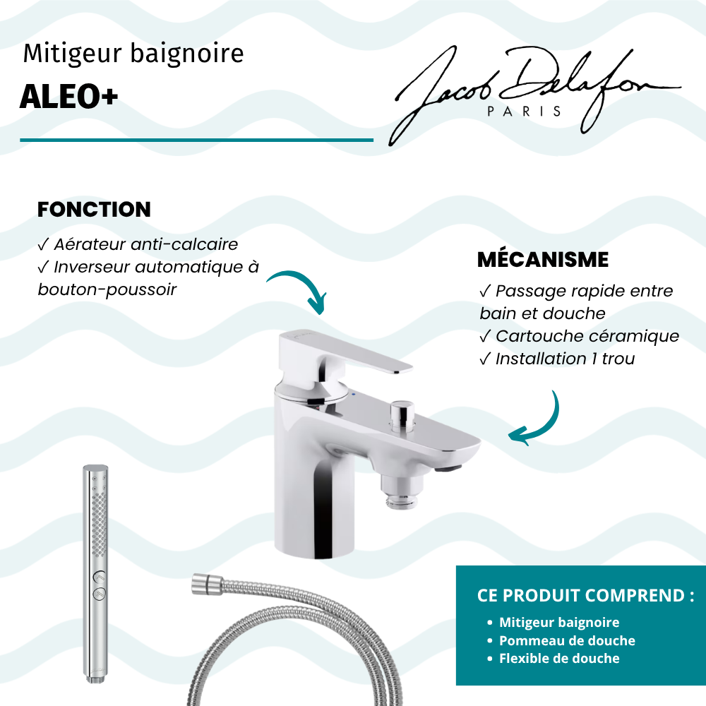 Mitigeur baignoire JACOB DELAFON Aleo+ + pommeau de douche Shift+ rond + flexible de douche métal