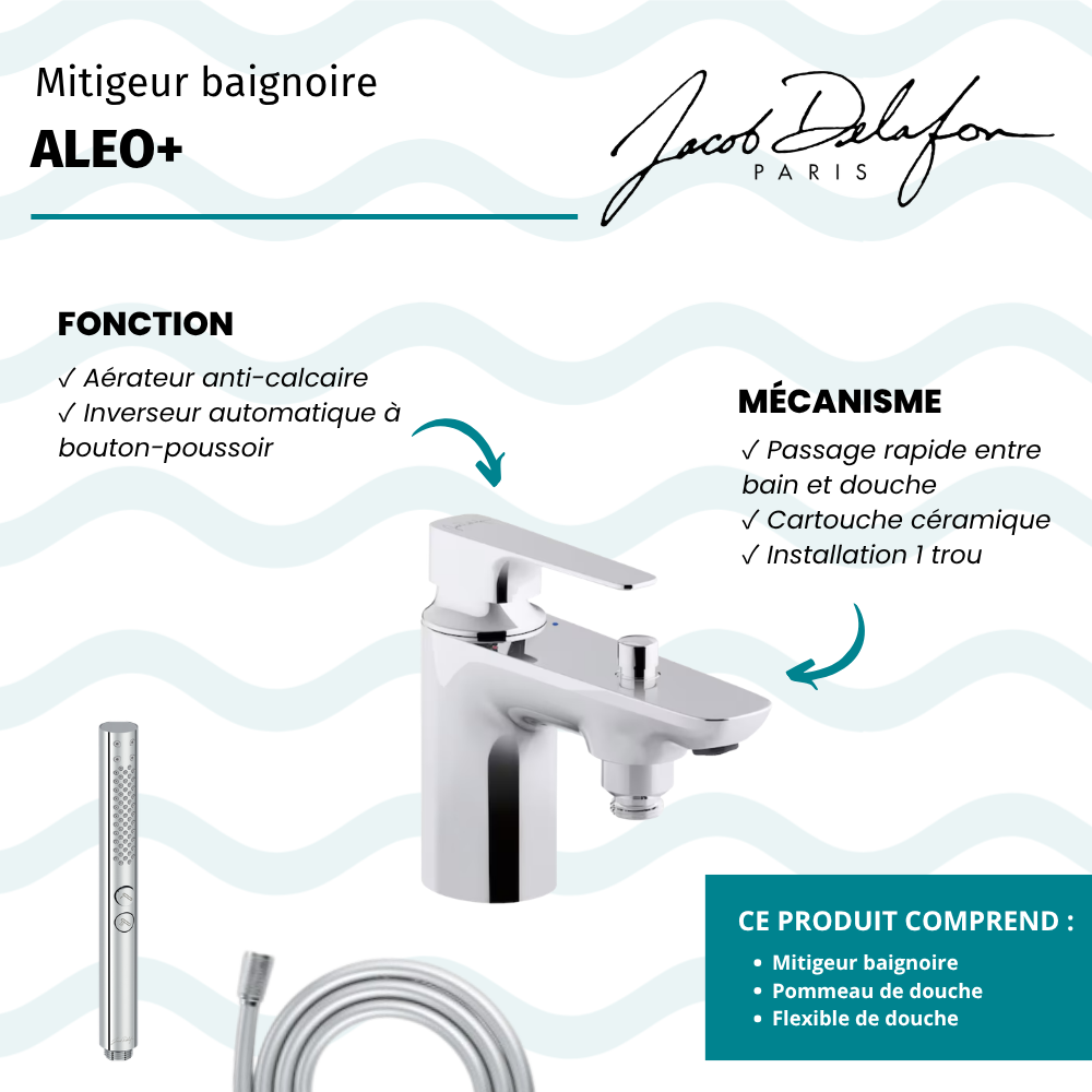 Mitigeur baignoire JACOB DELAFON Aleo+ + pommeau de douche Shift+ rond + flexible de douche lisse
