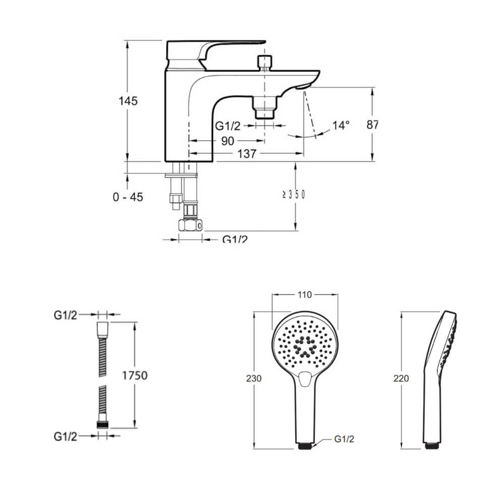 Mitigeur baignoire JACOB DELAFON Aleo+ + pommeau de douche Metro + flexible de douche métal