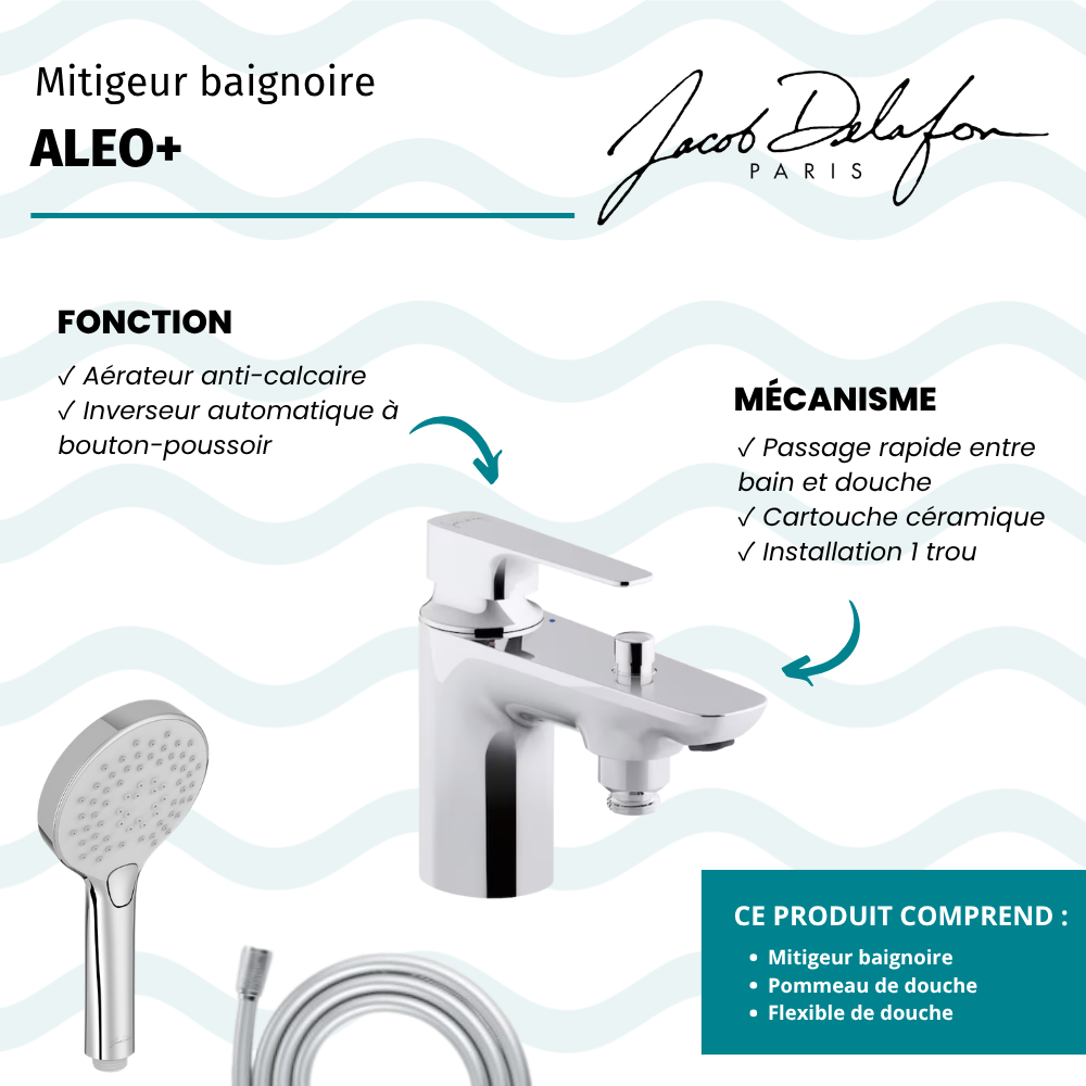 Mitigeur baignoire JACOB DELAFON Aleo+ + pommeau de douche Metro + flexible de douche lisse