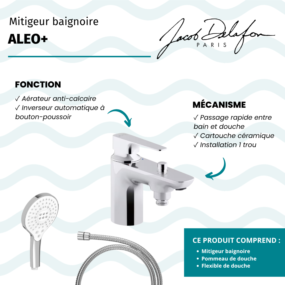 Mitigeur baignoire JACOB DELAFON Aleo+ + pommeau de douche Metro signature + flexible de douche métal