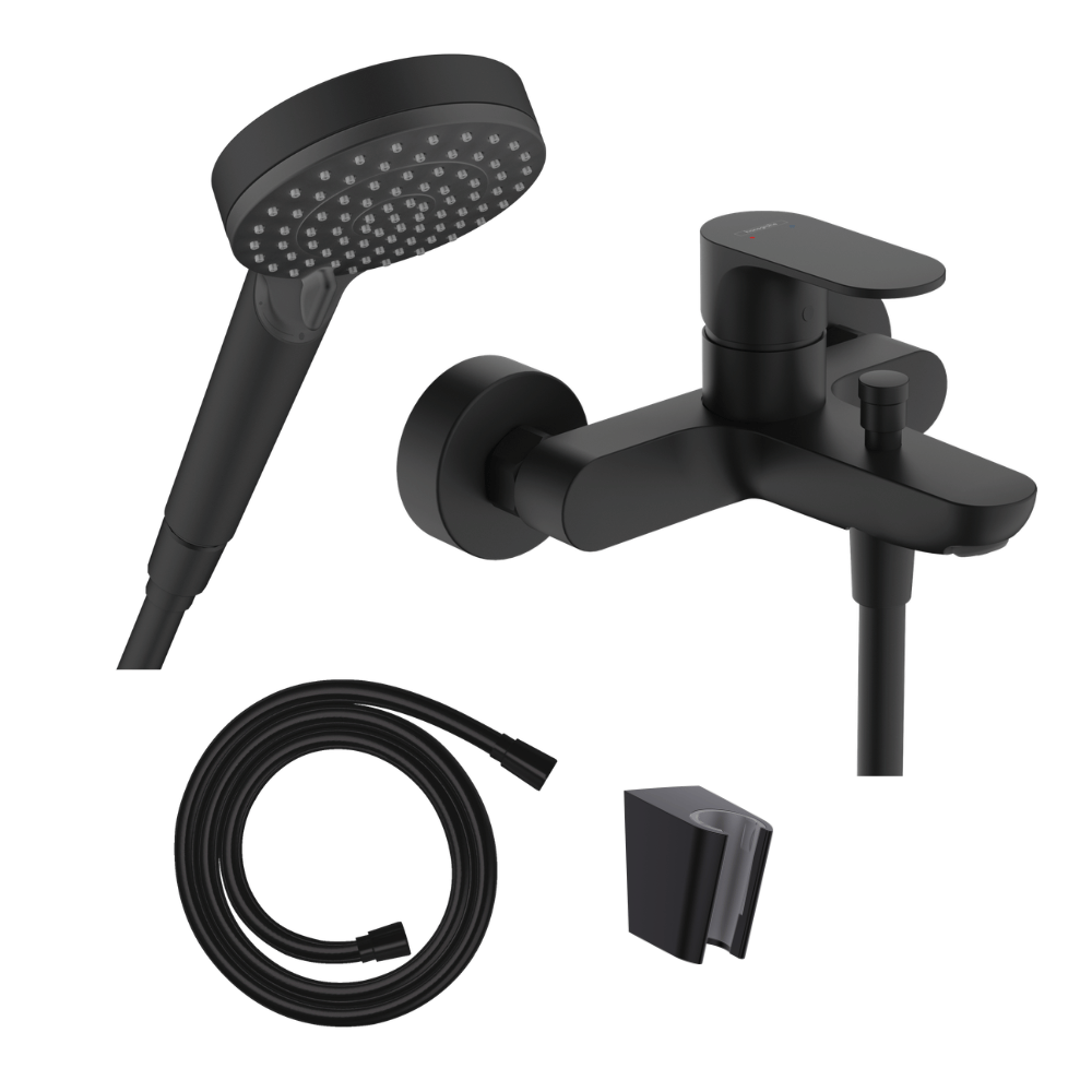 Pack mitigeur mécanique HANSGROHE Rebris S + pommeau Vernis Blend 2jets + flexible 160cm + support noir mat | Batinea