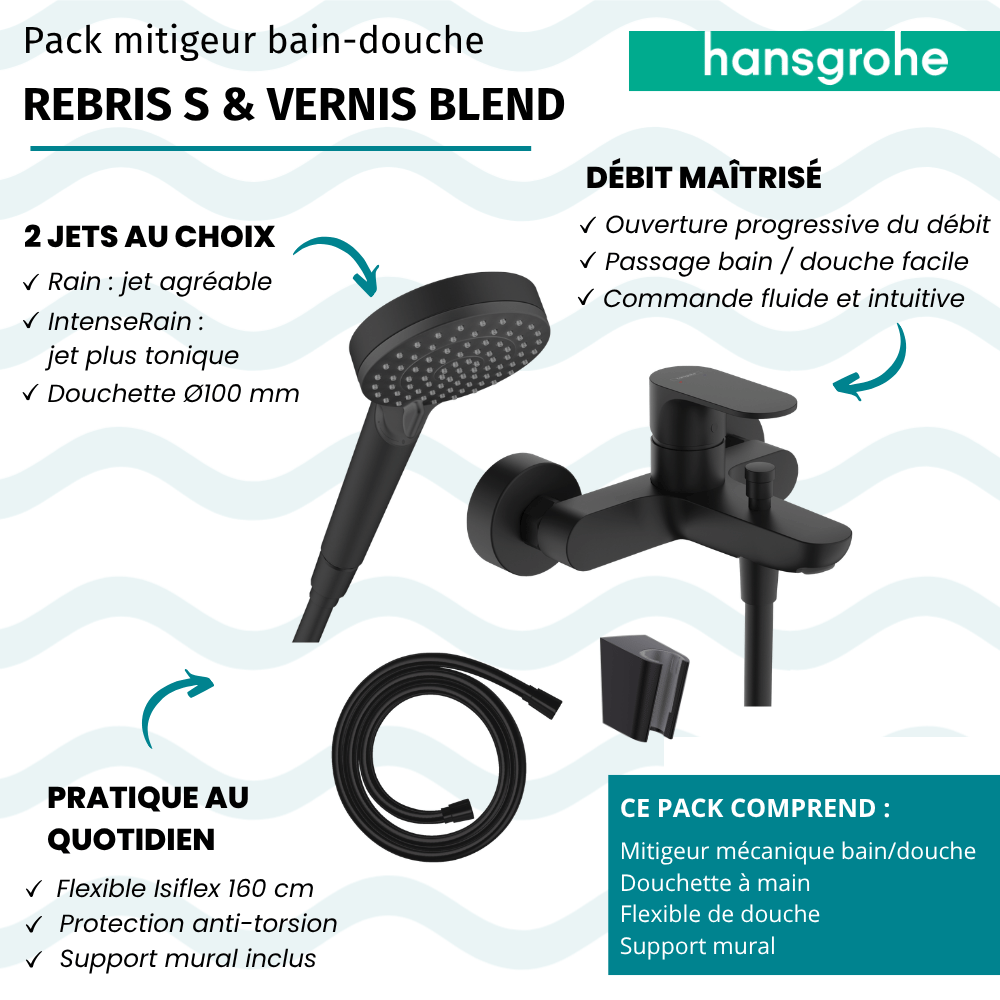 Pack mitigeur mécanique HANSGROHE Rebris S + pommeau Vernis Blend 2jets + flexible 160cm + support noir mat | Batinea