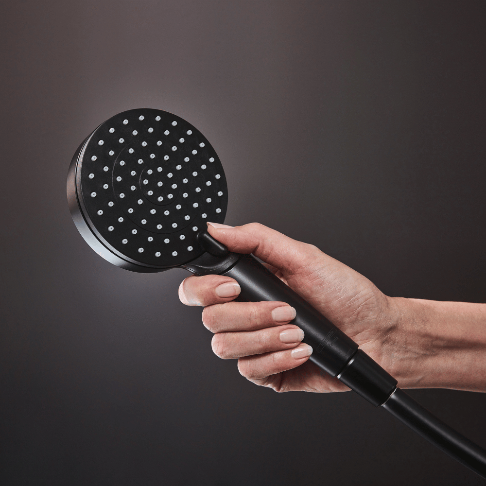 Pack mitigeur mécanique HANSGROHE Rebris S + pommeau Vernis Blend 2jets + flexible 160cm + support noir mat | Batinea