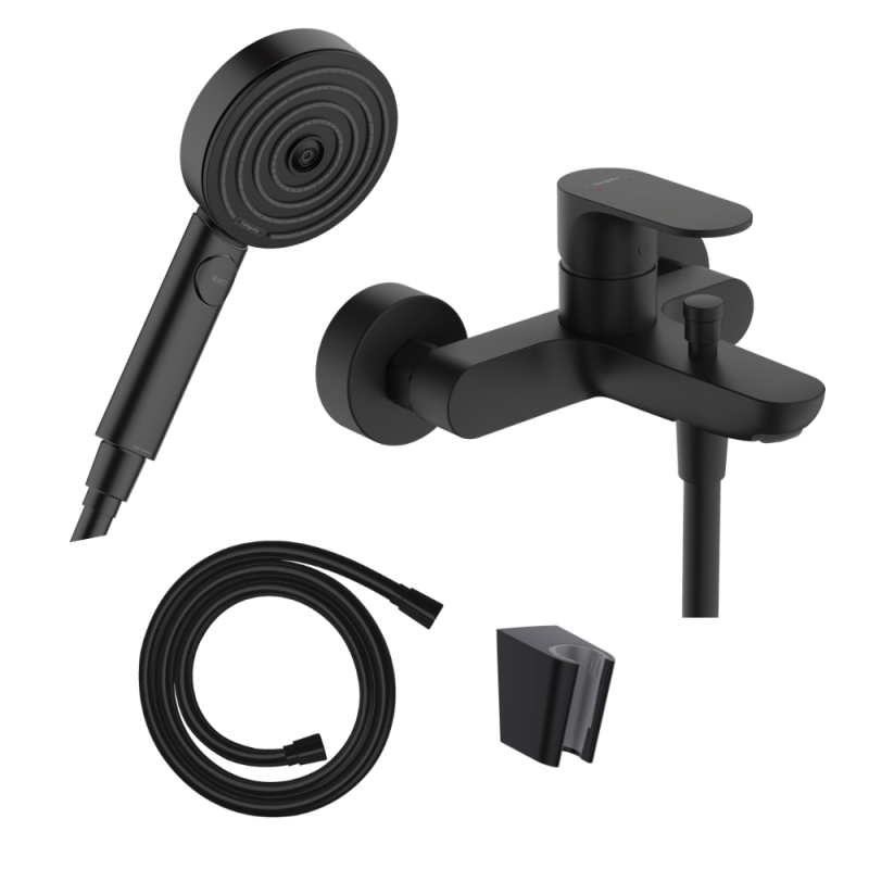 Pack mitigeur mécanique HANSGROHE Rebris S + pommeau Pulsify Select + flexible 160cm + support noir mat |Batinea