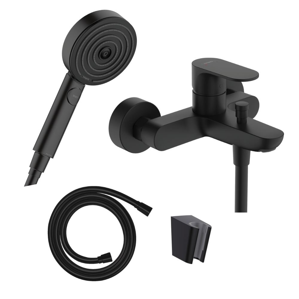 Pack mitigeur mécanique HANSGROHE Rebris S + pommeau Pulsify Select + flexible 160cm + support noir mat |Batinea