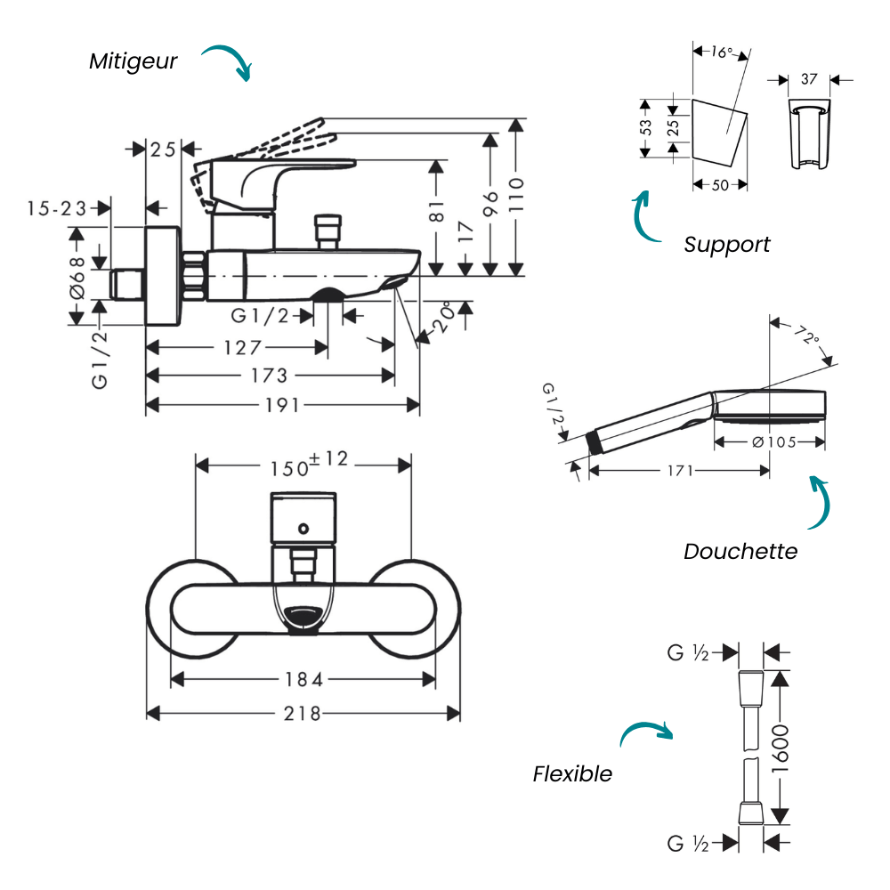 Pack mitigeur mécanique HANSGROHE Rebris S + pommeau Pulsify Select + flexible 160cm + support noir mat |Batinea