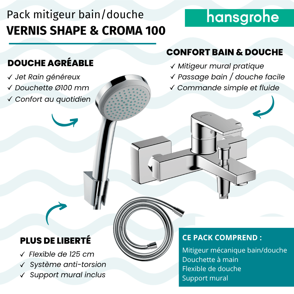 Pack mitigeur bain douche mécanique Vernis Shape mural + pommeau Croma 100 + support et flexible 125cm chromé |Batinea