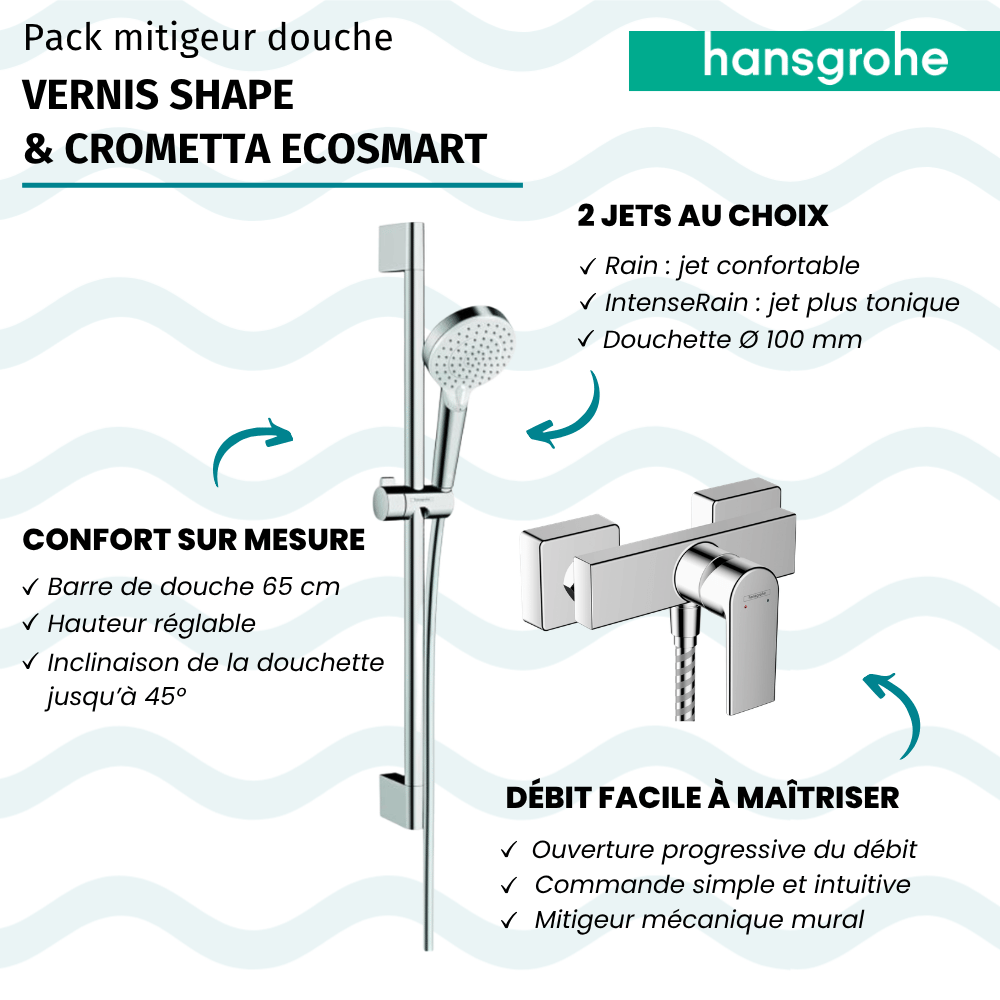 Mitigeur douche mécanique HANSGROHE Vernis Shape + pommeau Crometta EcoSmart 2 jets + flexible 160cm + barre chromé |Batinea