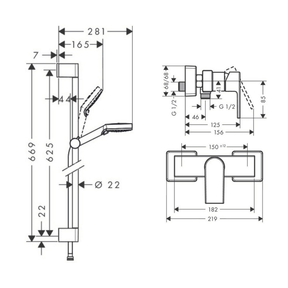 Mitigeur douche mécanique HANSGROHE Vernis Shape + pommeau Crometta EcoSmart 2 jets + flexible 160cm + barre chromé |Batinea