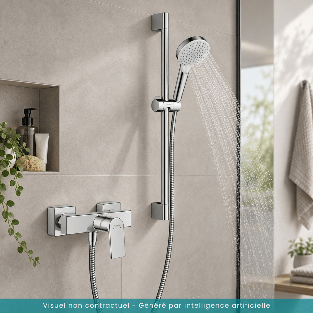 Mitigeur douche mécanique HANSGROHE Vernis Shape + pommeau Crometta EcoSmart 2 jets + flexible 160cm + barre chromé |Batinea