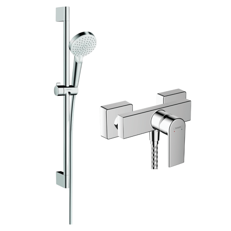 Mitigeur douche mécanique HANSGROHE Vernis Shape + pommeau Crometta EcoSmart 2 jets + flexible 160cm + barre chromé |Batinea