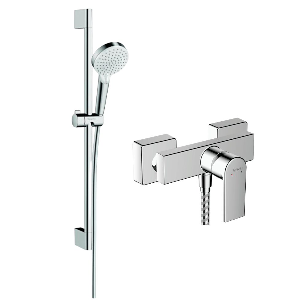 Mitigeur douche mécanique HANSGROHE Vernis Shape + pommeau Crometta EcoSmart 2 jets + flexible 160cm + barre chromé |Batinea