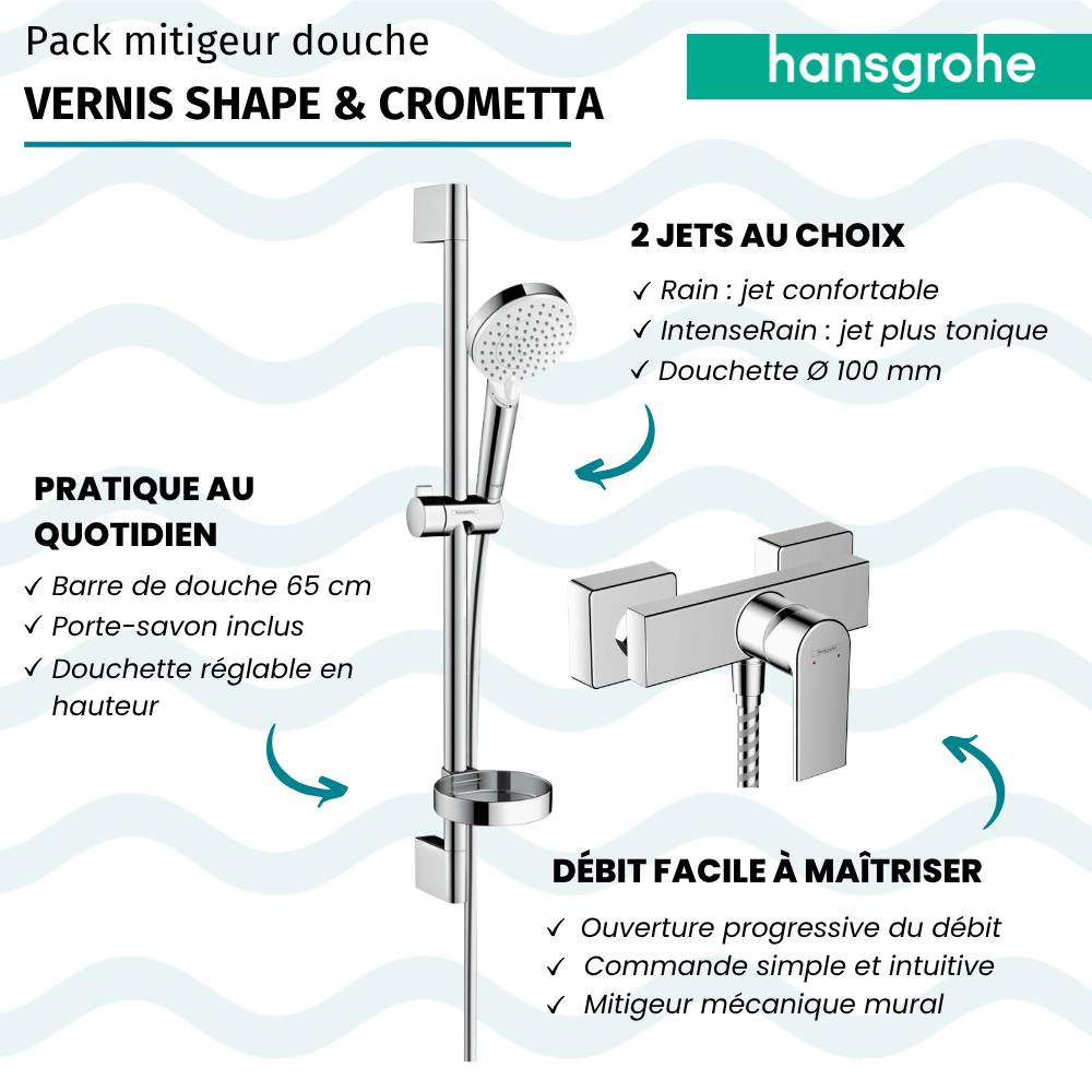 Mitigeur douche mécanique HANSGROHE Vernis Shape + pommeau Crometta + flexible 160cm + barre + porte-savon chromé |Batinea