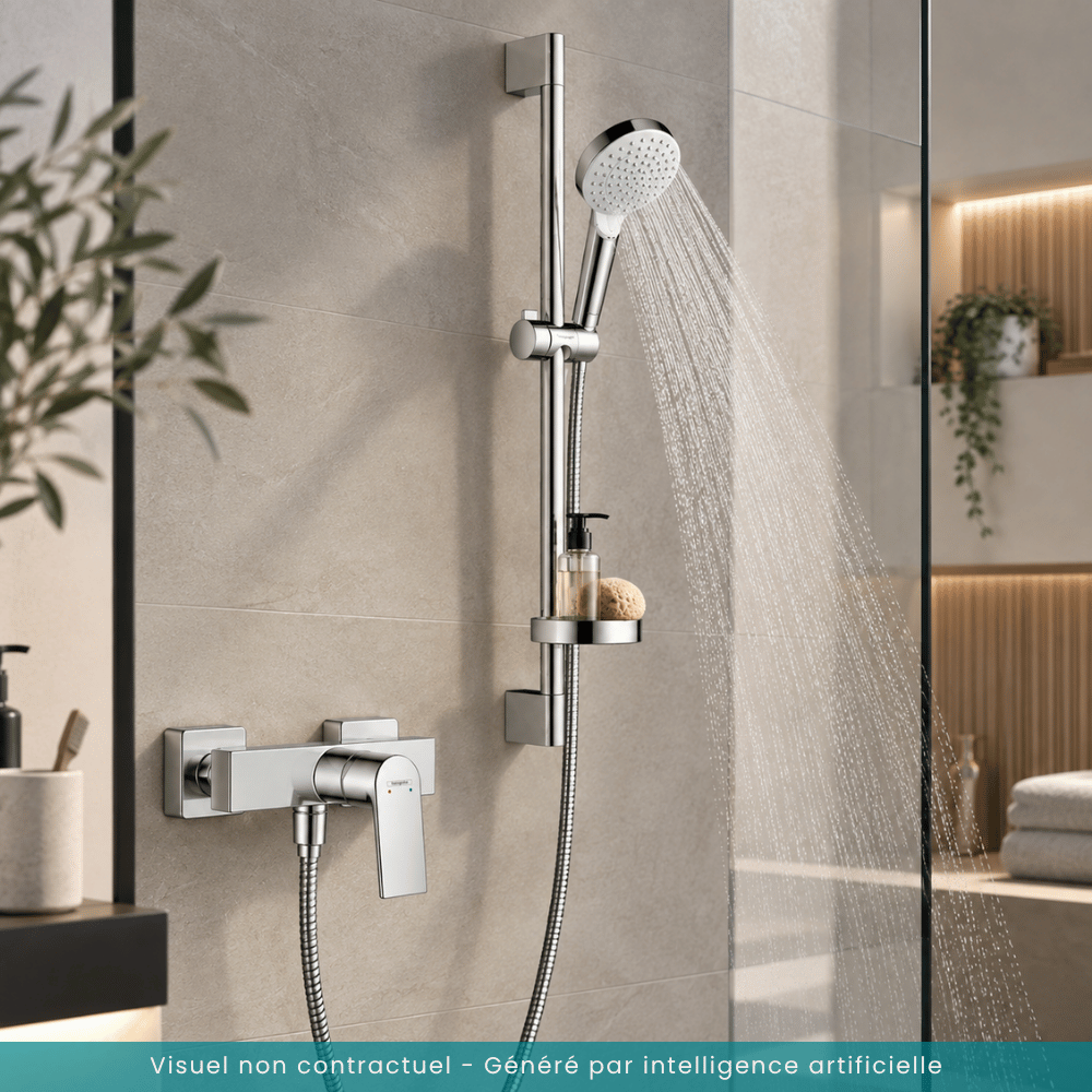Mitigeur douche mécanique HANSGROHE Vernis Shape + pommeau Crometta + flexible 160cm + barre + porte-savon chromé |Batinea