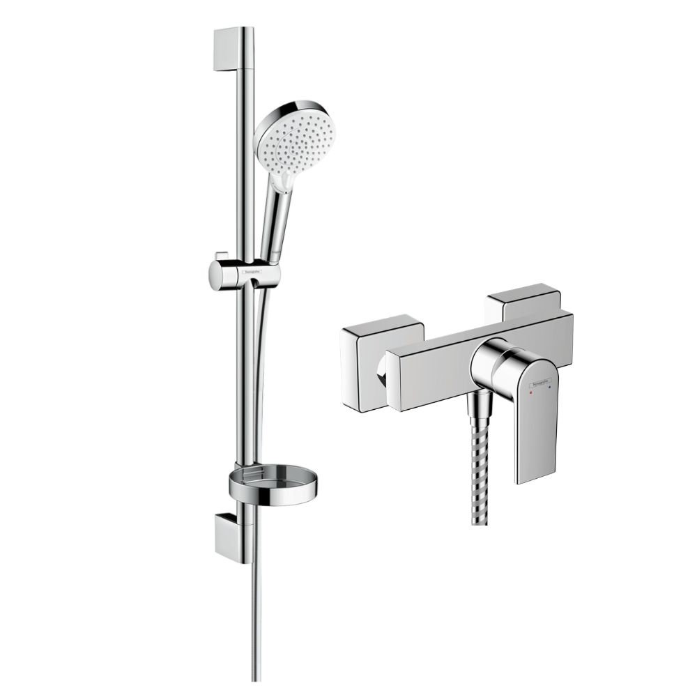 Mitigeur douche mécanique HANSGROHE Vernis Shape + pommeau Crometta + flexible 160cm + barre + porte-savon chromé |Batinea