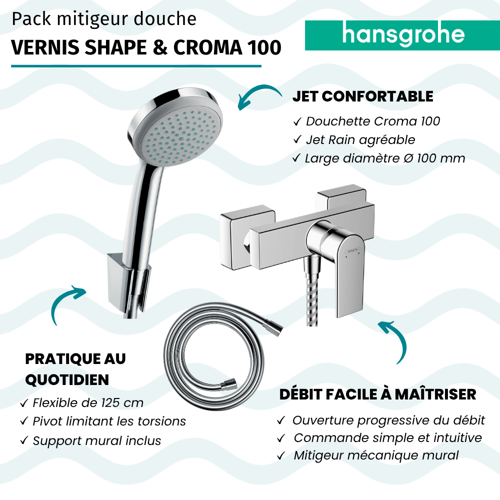 Pack mitigeur douche mécanique HANSGROHE Vernis Shape + Croma 100 pommeau 1 jet avec support + flexible 125cm chromé |Batinea