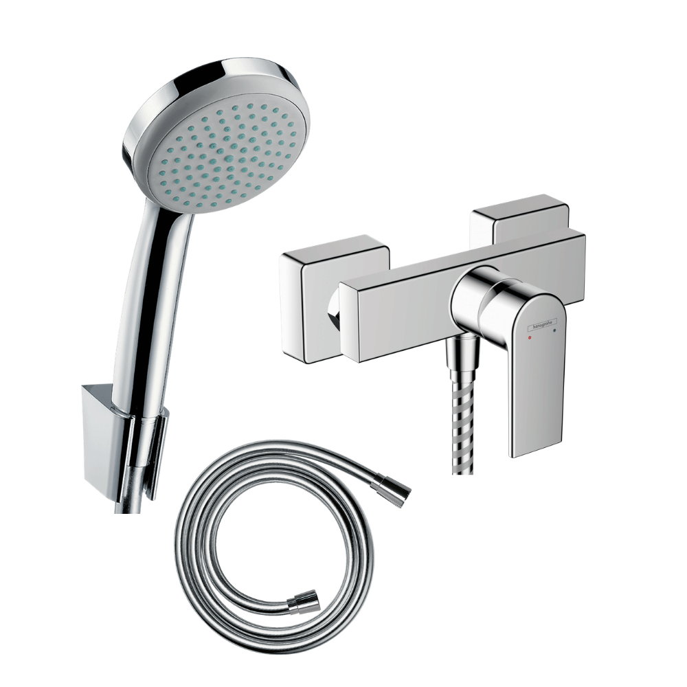 Pack mitigeur douche mécanique HANSGROHE Vernis Shape + Croma 100 pommeau 1 jet avec support + flexible 125cm chromé |Batinea