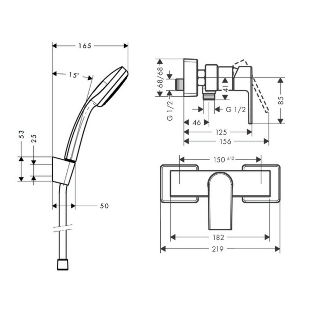 Pack mitigeur douche mécanique HANSGROHE Vernis Shape + Croma 100 pommeau 1 jet avec support + flexible 125cm chromé |Batinea