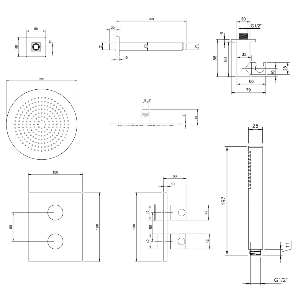 dimensions de la colonne de douche encastrée VILLEROY & BOCH Universal Shower avec douchette stick 1 jet