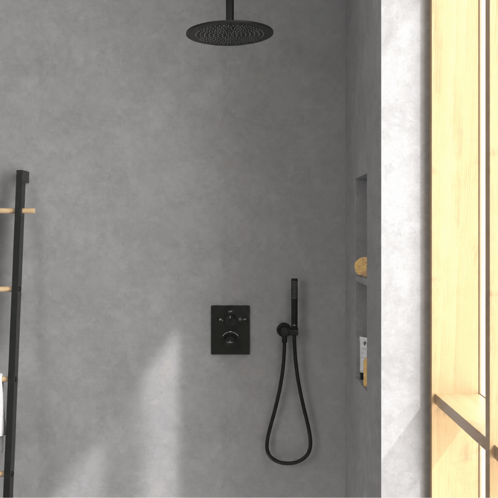 Pack douche encastré noir mat dans salle de bain moderne