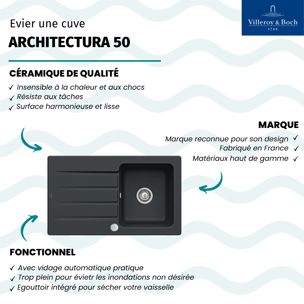 Evier VILLEROY ET BOCH Architectura 50 Evier cuisine 1 bac villeroy et Boch Architectura 50 | Batinea