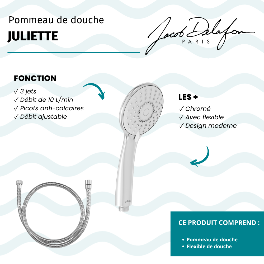 Pommeau de douche 3 jetsJACOB DELAFON Juliette chrome + flexible anti torsion 175 cm métal chrome
