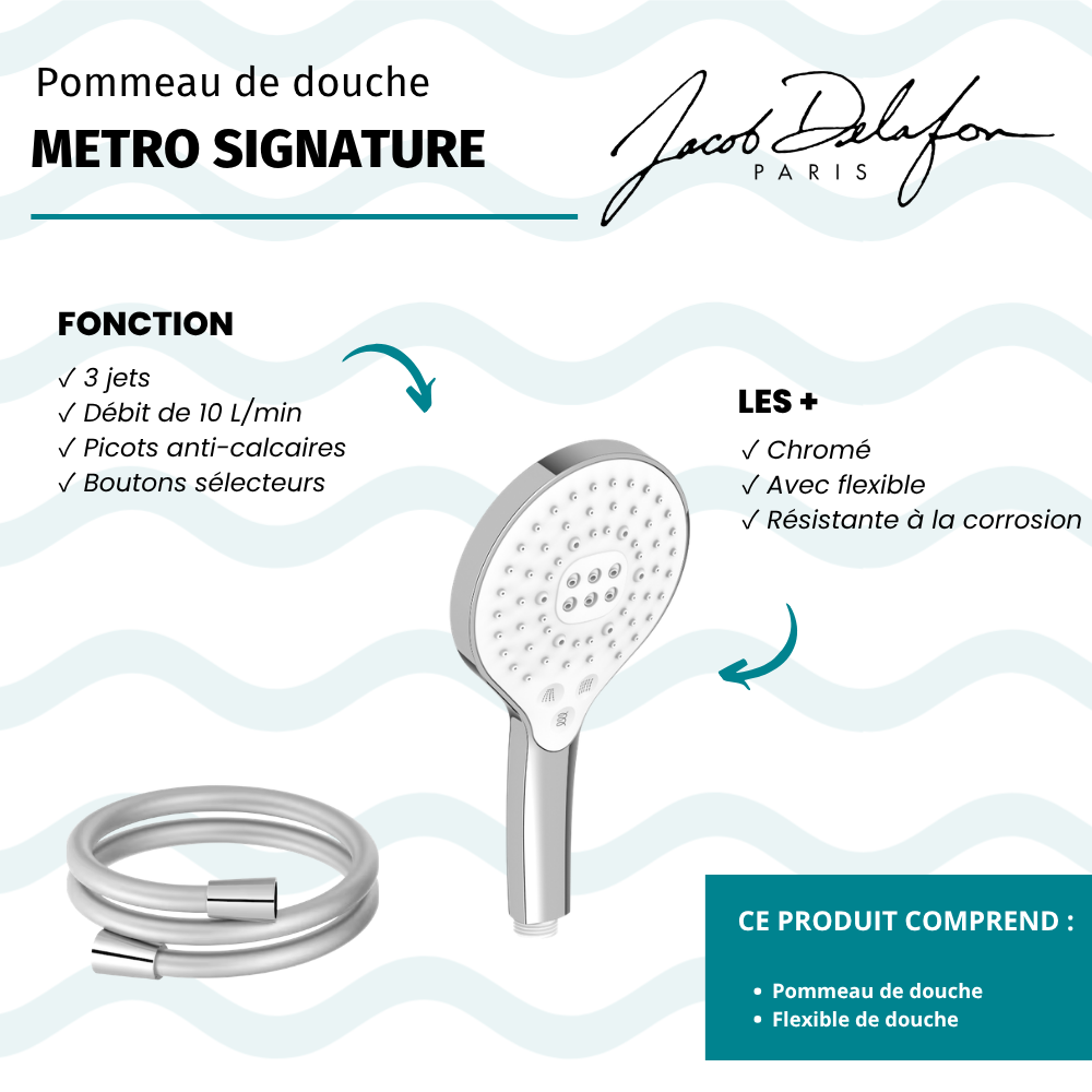 Pommeau de douche 3 jets JACOB DELAFON Metro signature chrome + flexible de douche lisse anti-torsion 160 cm Chrome