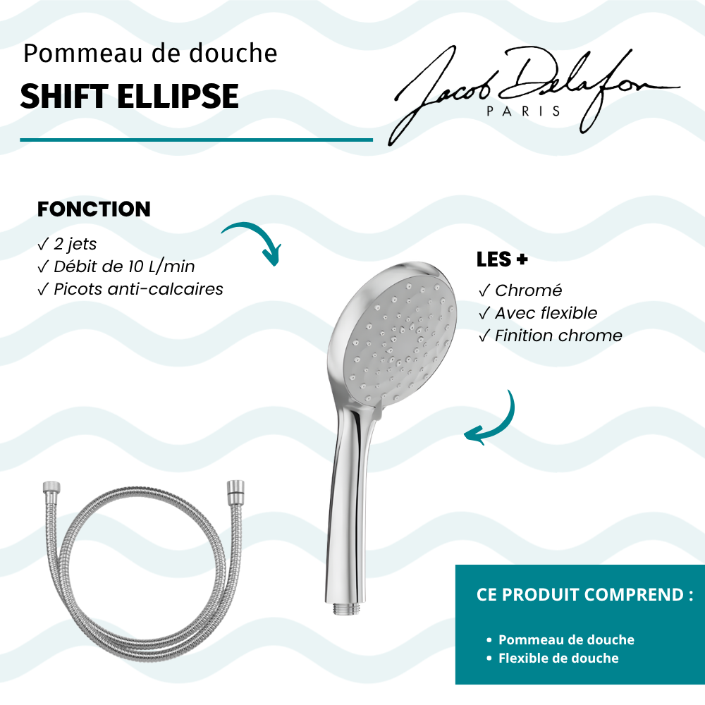 Pommeau de douche 3 jets JACOB DELAFON Awaken organic + flexible anti torsion 175 cm métal chrome