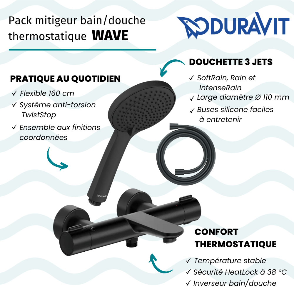 Pack mitigeur bain douche thermostatique DURAVIT Wave + pommeau Universal 3 jets + flexible 160 cm |Batinea