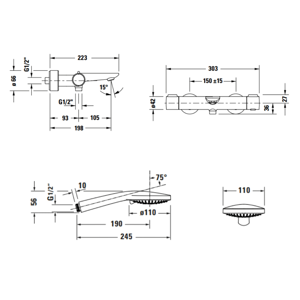 Pack mitigeur bain douche thermostatique DURAVIT Wave + pommeau Universal 3 jets + flexible 160 cm |Batinea